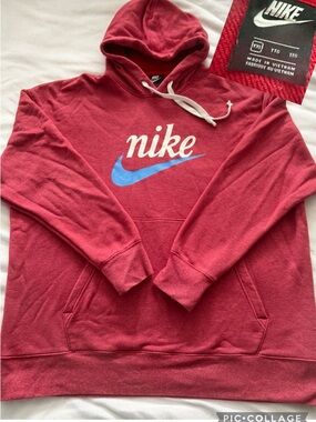 Nike Men's Red Crewneck Hoodie with Blue Swoosh